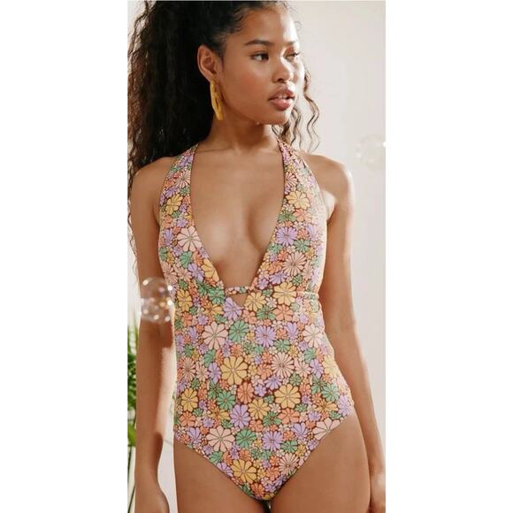 Roxy swim All About Sol One Piece Floral Hippie V-neck Low back Adjustable Tie S - Picture 1 of 10